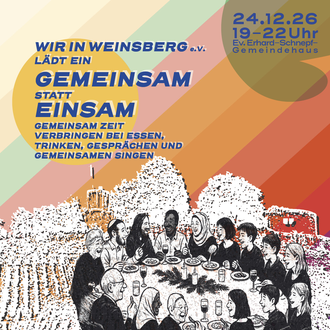 Grafik zur Veranstaltung „Gemeinsam statt einsam“ an Heiligabend 2026 in Weinsberg mit Menschen an einer gemeinsamen Tafel.